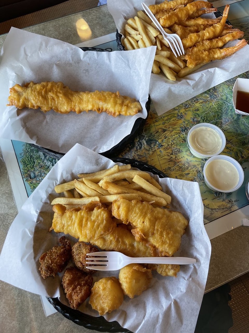 Menu page showing clam strips, calamari, and shrimp.