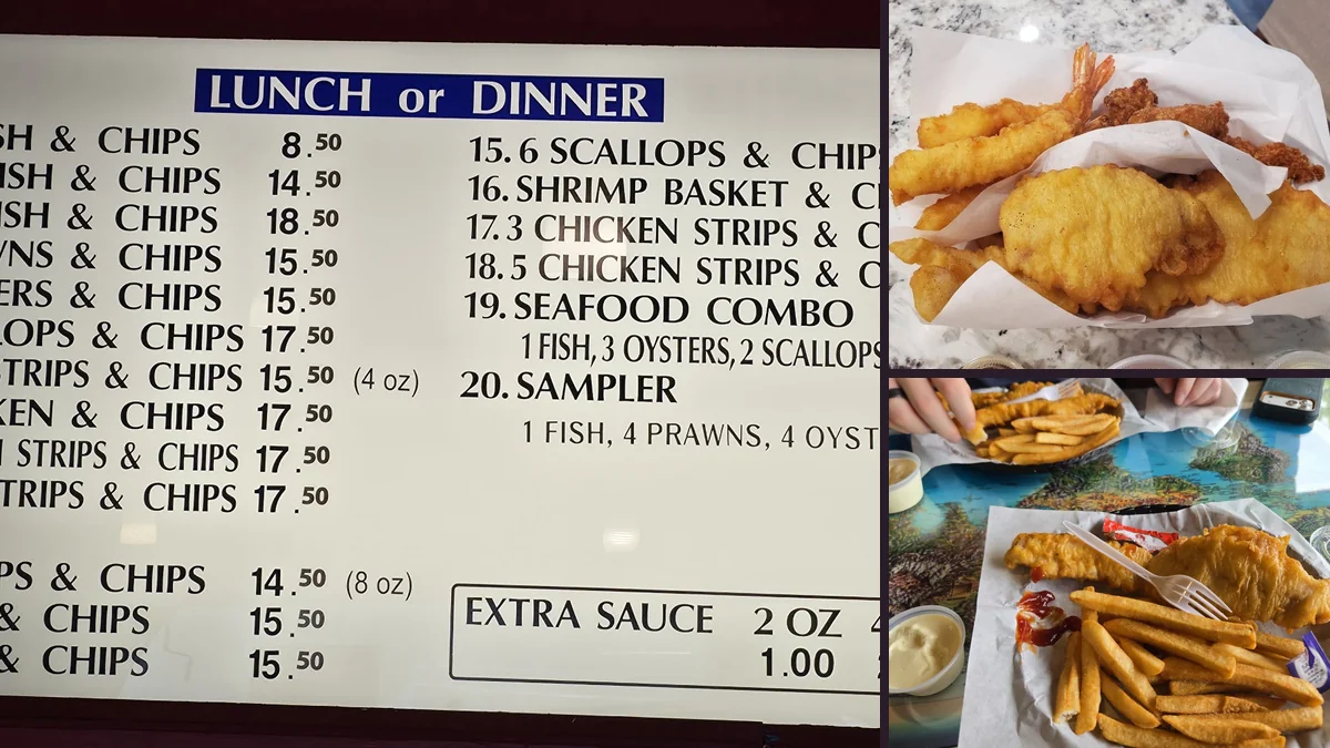 Crispy seafood plate with tartar sauce and lemon.