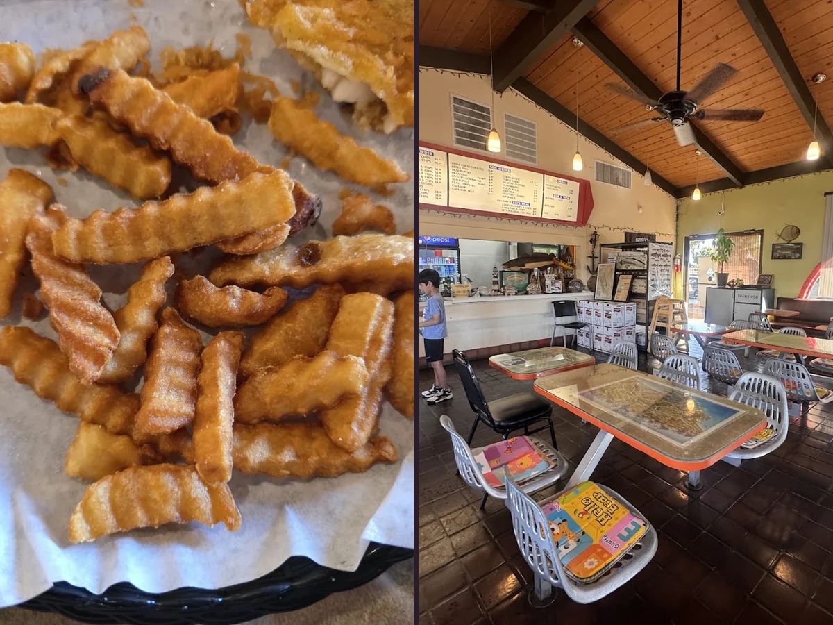 Casual dining tables beside a counter-service setup.