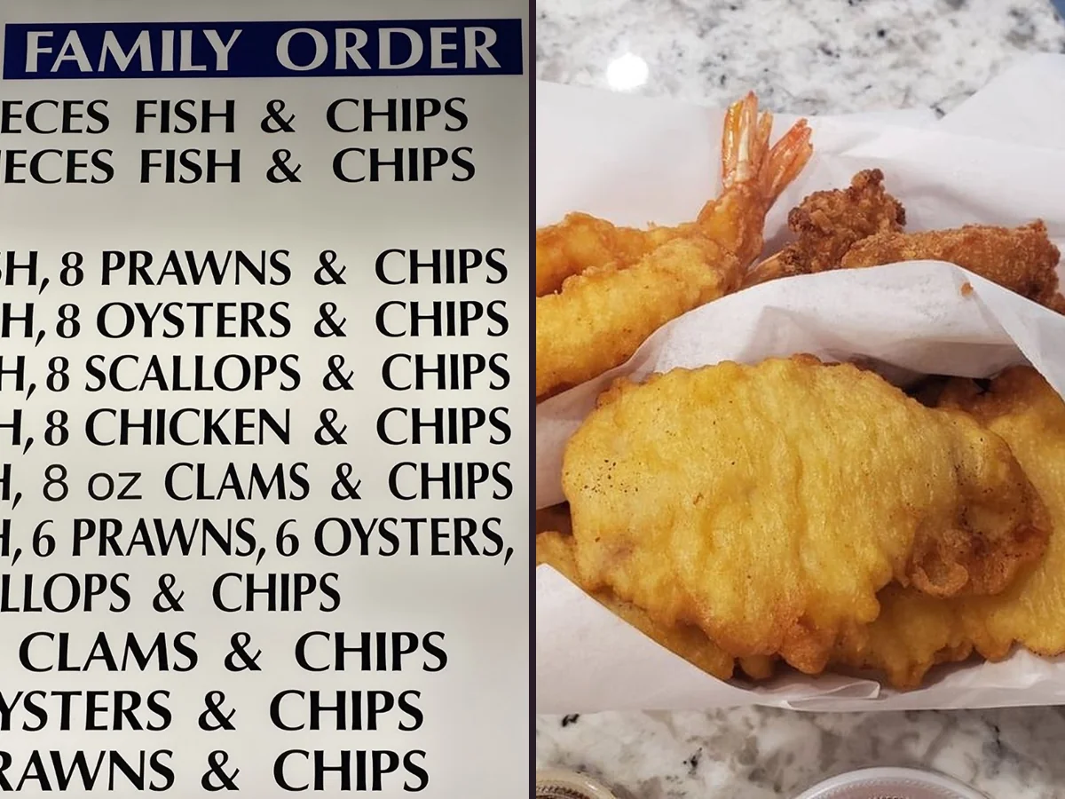 Golden fish and chips on a paper-lined tray.