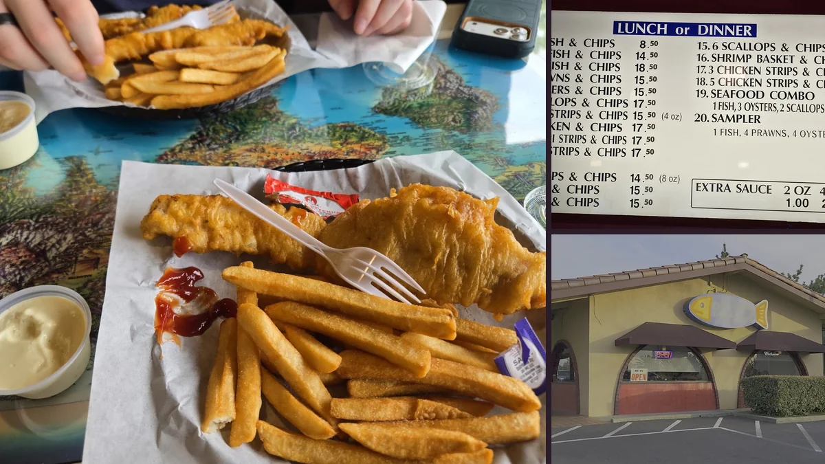 Golden fish and chips on a paper-lined tray.